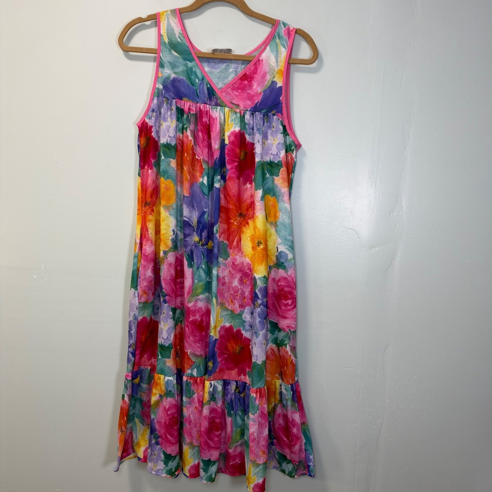 Vintage Miss Elaine At Home Floral Nightgown Medium Pink Blue Made in USA 82441